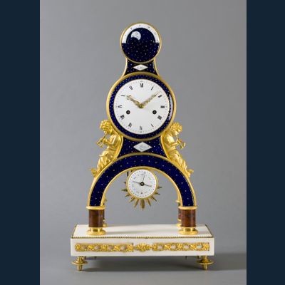 A French Directoire ormolu skeleton clock fine enamel and calendar, Gaston Joly, circa 1795.
