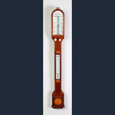A good English mahogany marquetry inlaid stick barometer, J. Hicks London