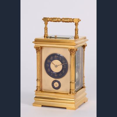 A French gilt brass carriage clock with rare blue enamel dials in Anglaise case, circa 1890