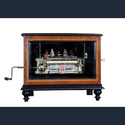 A Swiss amboyna 'bells-in-sight' cylinder music box with animated dancers, circa 1880