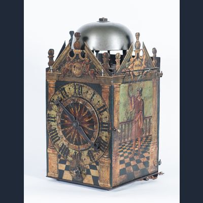 A very early German late 16th century painted chamber clock, circa 1580