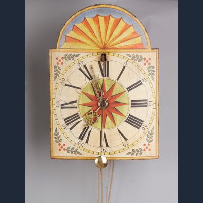 German Wall Clock with Cow-Tail Pendulum and Wooden Wheels circa 1800