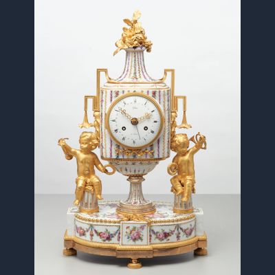 Rare French porcelain and gilt bronze mantel clock by Godon, circa 1785