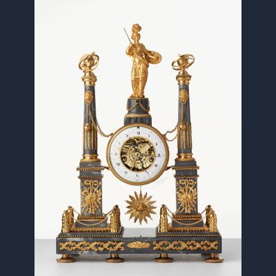 A French Louis XVI grey marble mantel clock by Cellier, circa 1770