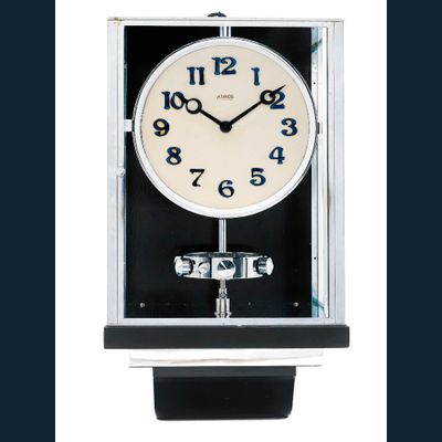 W35  Large nickel plated Art Deco J. L. Reutter Wall Hanging Three-Glass Atmos Clock.