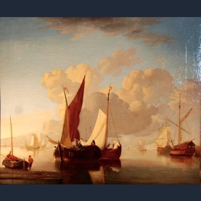 P37 Schilderij op doek, 'Schepen voor de kust, Hollandse school