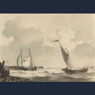 P45 Fishing boats near the shore - Signed l.r. J.C. Schotel - Pen in brown, ink in black/brown, and grey wash on paper on cardboard