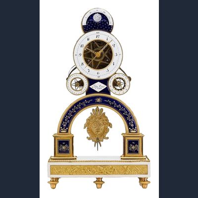 S20 Directoire ormolu and enamel pendule squelette, the movement by Nicolas-Alexandre Folin, enamel by Georges-Adrien Merlet,