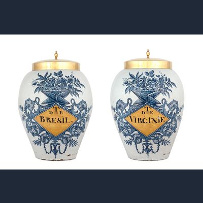 A Pair Blue and White with Yellow Tobaccojars in Dutch Delftware