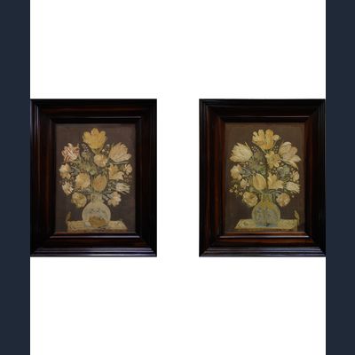 A Pair of 17th Century Embroideries depicting Still-lifes of a Bouquet of Tulips