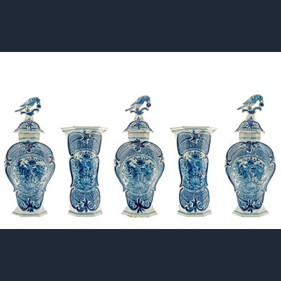 A Five-Piece Delft Mantel Garniture