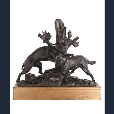 18e eeuwse Bronzen Sculptuur van Twee Vechtende Honden