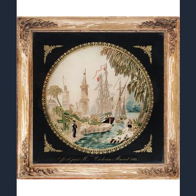 An Eglomise Framed Needlework Panel, with Oriental Scenery and French Ship