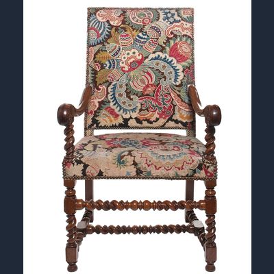 A Good Walnut Needlepoint Louis XIV Arm Chair
