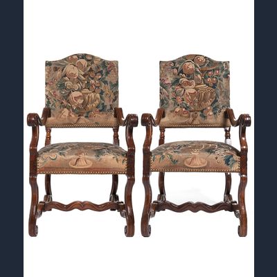 A Good Pair of Gobelin Upholstered Walnut Louis XIV Arm Chairs