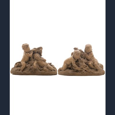 Twee kleine Terracotta 'Bozzetti' Gesigneerd Claude Michel, Clodion genoemd