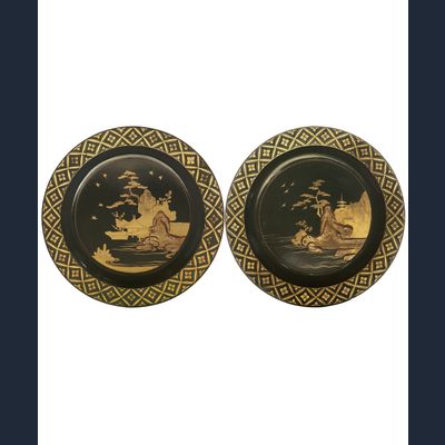 A Pair Japanese Export Black Lacquered Woden Plates - Edo period