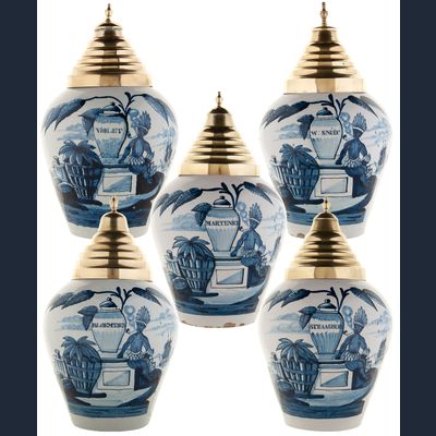 A Set of Five Blue and White Dutch Delft 'VOC' Tobacco Jars