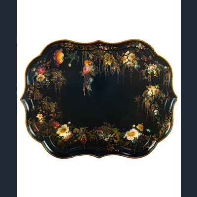 19th Century Papier Mâché Scalloped Tray Table on Faux Bamboo Base -  B. Walton & Co.