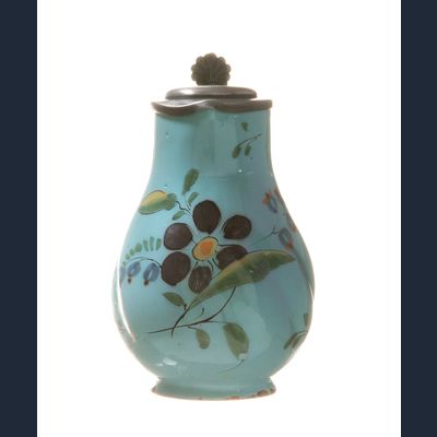 A German Turquoise Faïence Jug with Pewter Lid