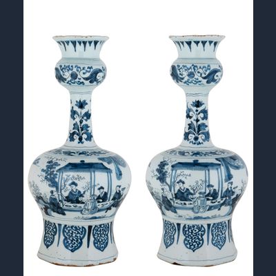 A Pair Blue and White Dutch Delft 'Knobbelvases'