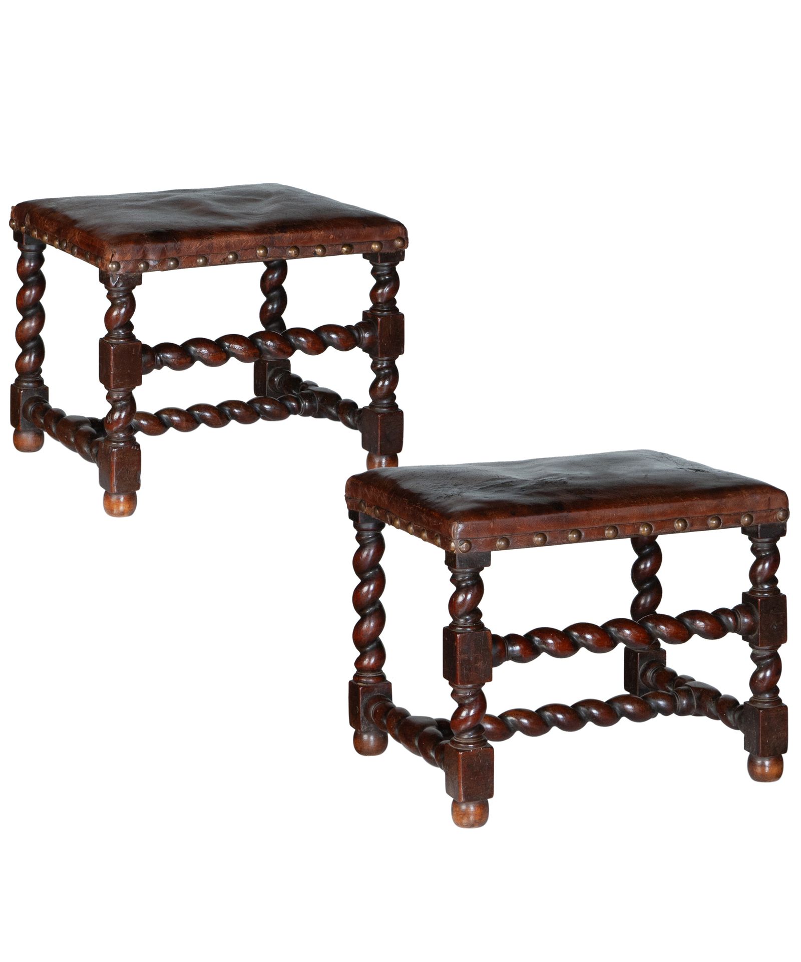Fine Pair 17th Century Twist Baroque Walnut Stools with Leather Upholstering