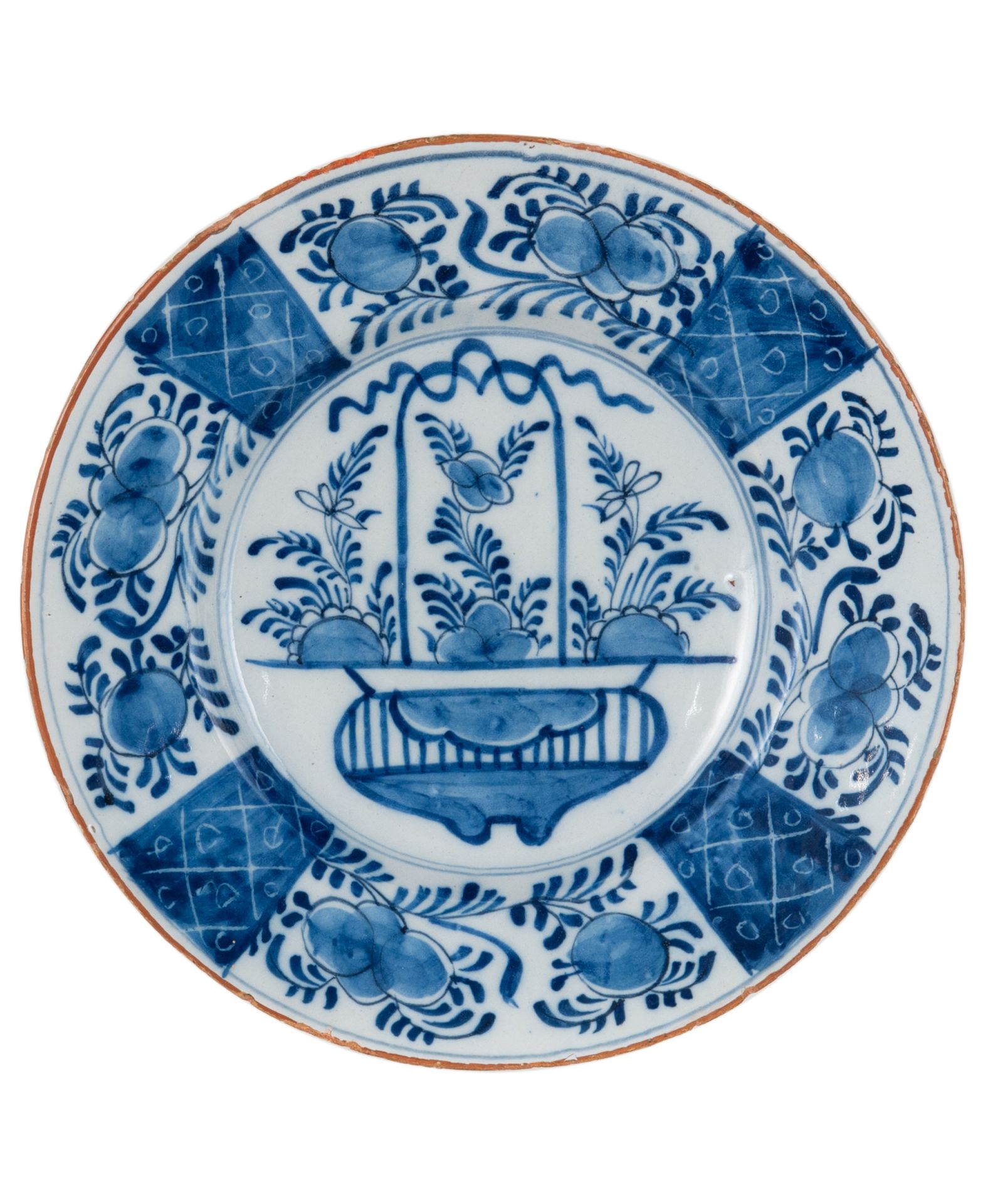 A Blue and White Dutch Delft Dish with Hinged Basket Decoration