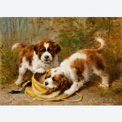 Twee Sint Bernard puppies spelend met een hoed - Otto Eerelman
