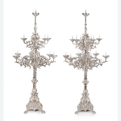 An impressive pair of Dutch silver pricket candelabra