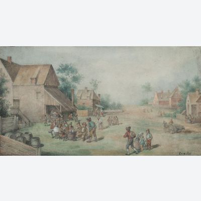 Dorflandschaft mit trinkenden Bauern vor einer Herberge