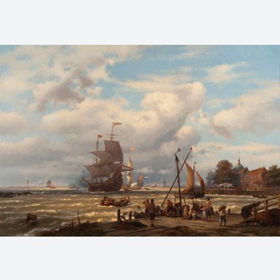 A V.O.C. merchant ship in the roads of Dordrecht