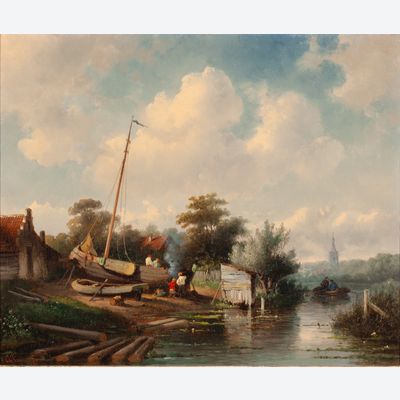 Paysage fluvial avec un chantier naval