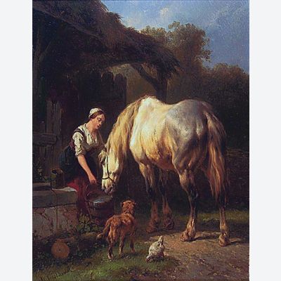 Frau, die ein Pferd tränkt