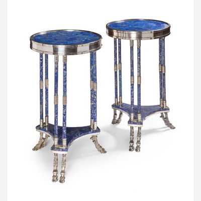 A pair of Louis Seize style Lapis Lazuli and silver plated gueridon tables