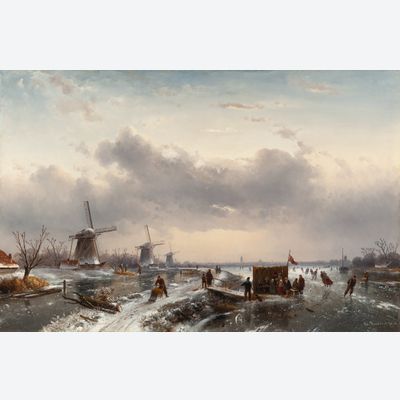 Dutch winterlanschap with three windmills and a koek-and-zopie