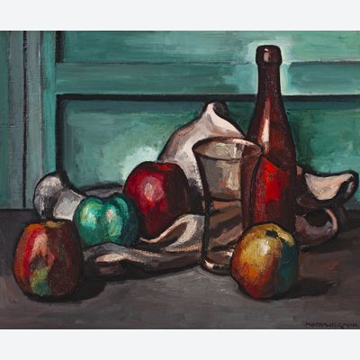 Still life with apples, glass and bottle