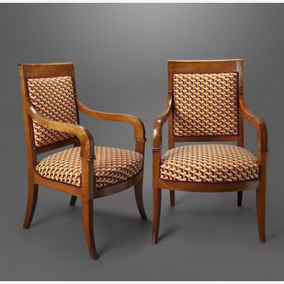 Pair of Empire fauteuils with modern upholstery.