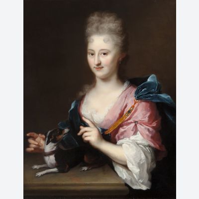 ARNOLD BOONEN (DORDRECHT 1669-1729 AMSTERDAM) – A PORTRAIT OF A LADY IN A PINK DRESS AND BLUE CLOAK WITH A LAP DOG