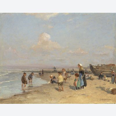 Beach scene with children playing and fishing boat on the right