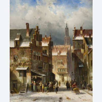 Dutch village view in winter with many figures