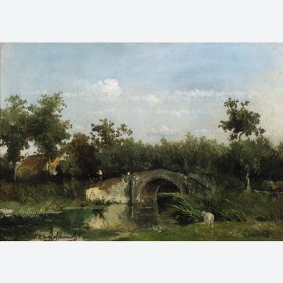 Johan Hendrik Weissenbruch (1824–1903) - Niederländische Landschaft mit Steinbrücke über Fluss