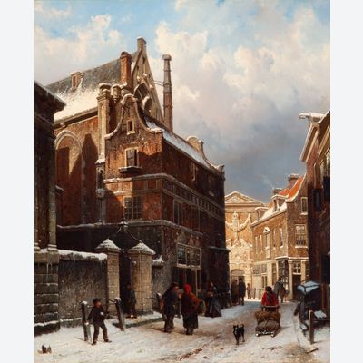 Die Nieuwezijdskapel mit der schneebedeckten Wijde Capelsteeg, das Burgerweeshuis in der Ferne.