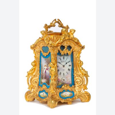 A rare French gilt Sevres mounted Rococo case carriage clock, Drocourt circa 1860