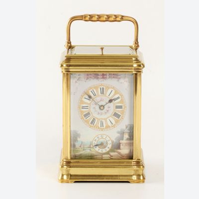 A French porcelain mounted gilt brass carriage alarm clock,circa 1880