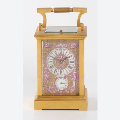 A French Sevres mounted quarter striking carriage clock sold by Shreve Crump & Low Boston, circa 1880