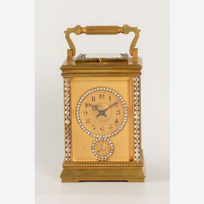 An attractive French brass paste set Anglaise carriage clock with alarm, circa 1900.
