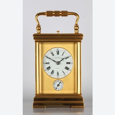 A fine French gilt brass Corniche carriage clock with quarter repeat and alarm, Ecalle, circa 1880