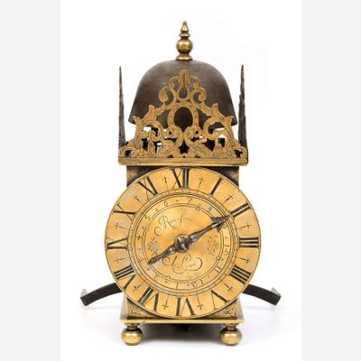 A rare early French brass lantern alarm timepiece,Rousseau A Lyon, circa 1665