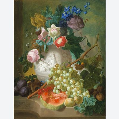 Stilleven met bloemen en vruchten