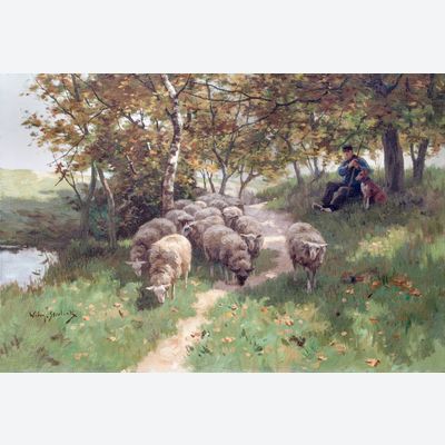 Herder met hond en kudde schapen